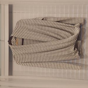 Gray and white striped open front sweater, size small